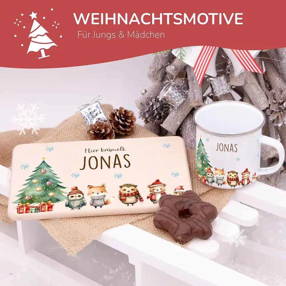 Weihnachts-Set Frühstücksbrettchen und Emaille Tasse - Fuchs & Häschen-Freunde