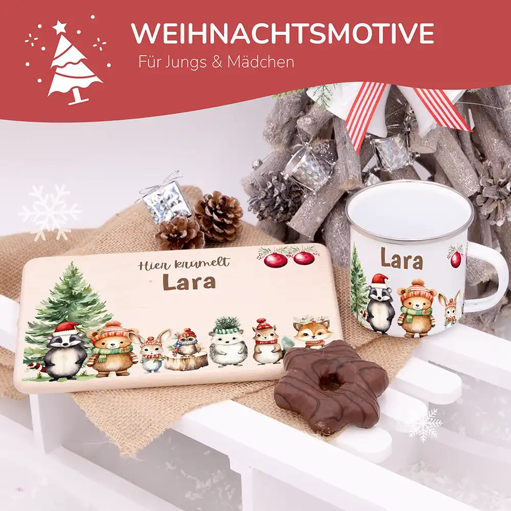 Weihnachts-Set Frühstücksbrettchen und Emaille Tasse - Niedliche Waldfreunde