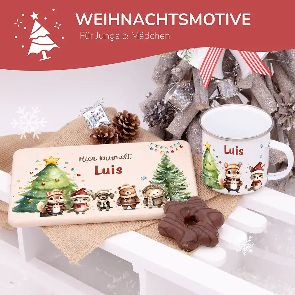 Weihnachts-Set Frühstücksbrettchen und Emaille Tasse - Schneeflocken-Bande