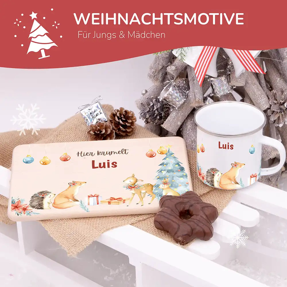 Weihnachts-Set Frühstücksbrettchen und Emaille Tasse - Fuchs im Wald