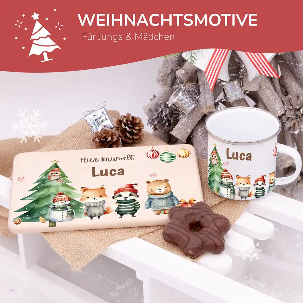 Weihnachts-Set Frühstücksbrettchen und Emaille Tasse - Kuscheltier-Abenteuer