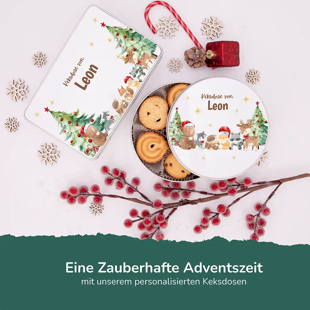 Keksdose aus Metall personalisiert - Weihnachtliche Waldtiere