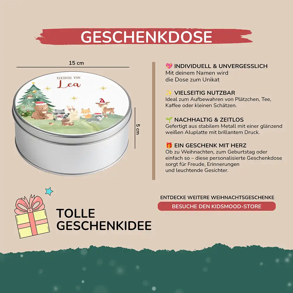 Keksdose aus Metall personalisiert - Kleine Waldbewohner im Weihnachtsglanz