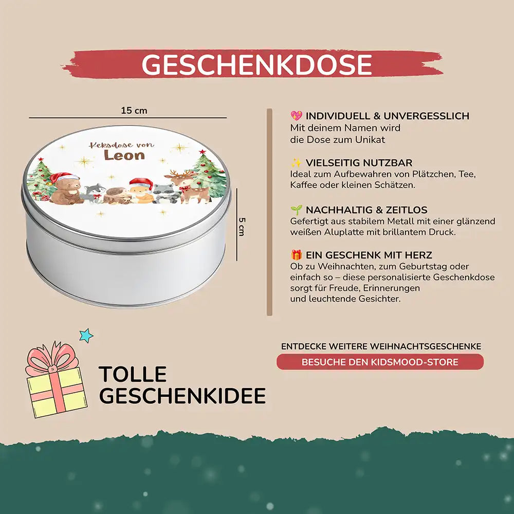 Keksdose aus Metall personalisiert - Weihnachtliche Waldtiere