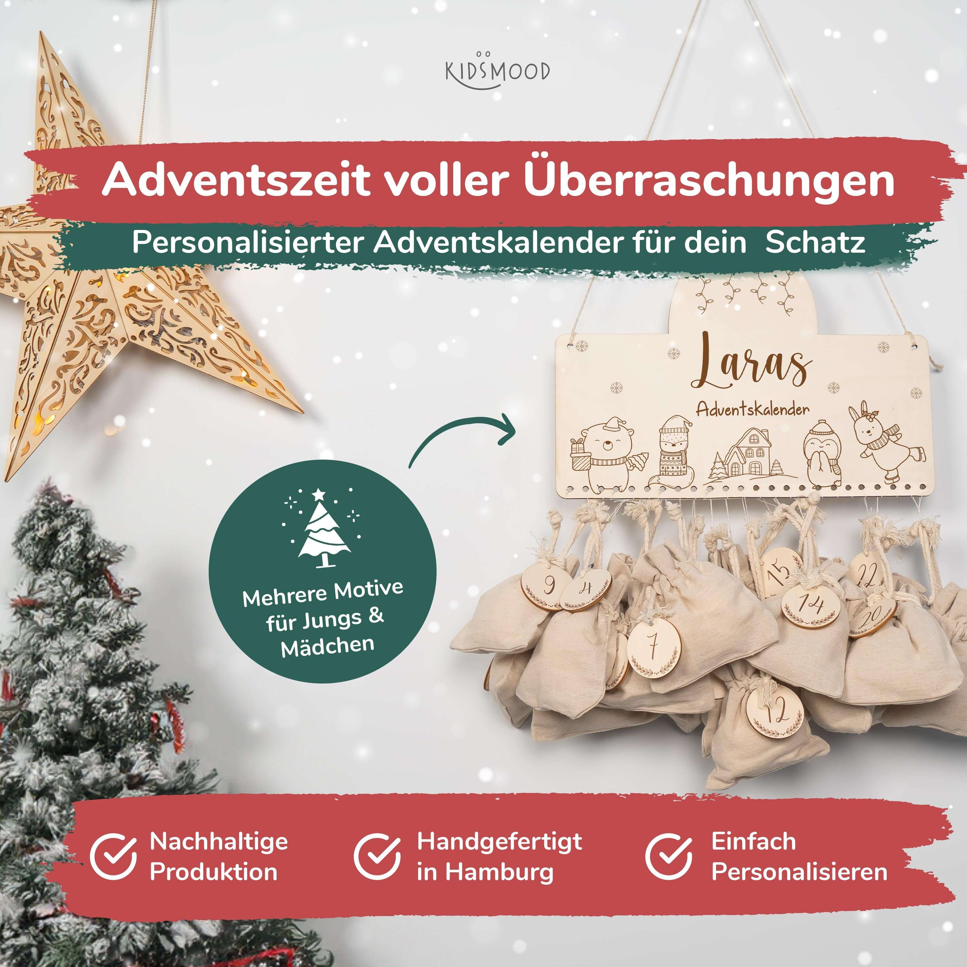 close-up of advent calendar with christmas motif