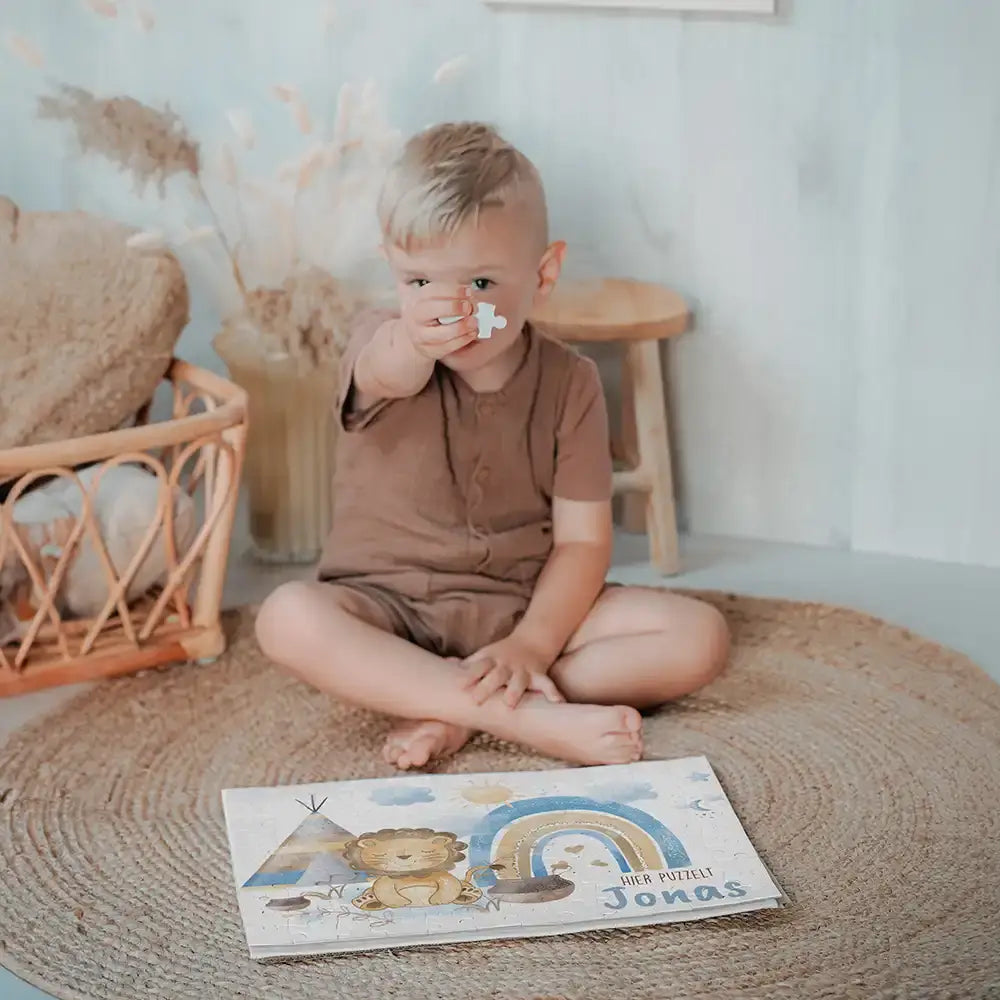 Kinderpuzzle personalisiert mit Namen - Löwe mit Regenbogen