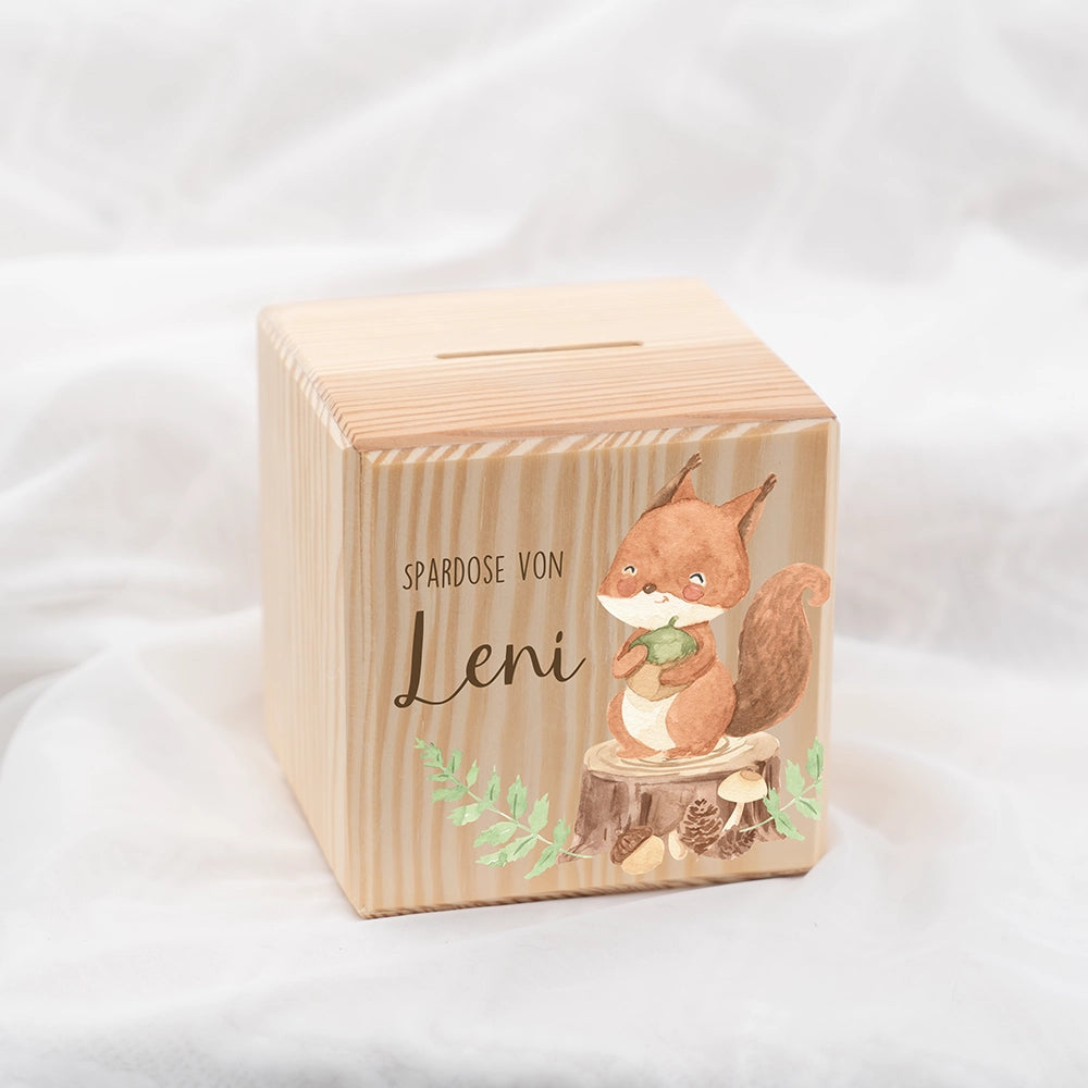Spardose Kinder, Sparschwein personalisiert bunt - Eichhörnchen Waldtiere