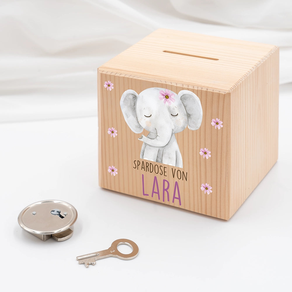 Spardose Kinder, Sparschwein personalisiert bunt - Elefant mit Blumen
