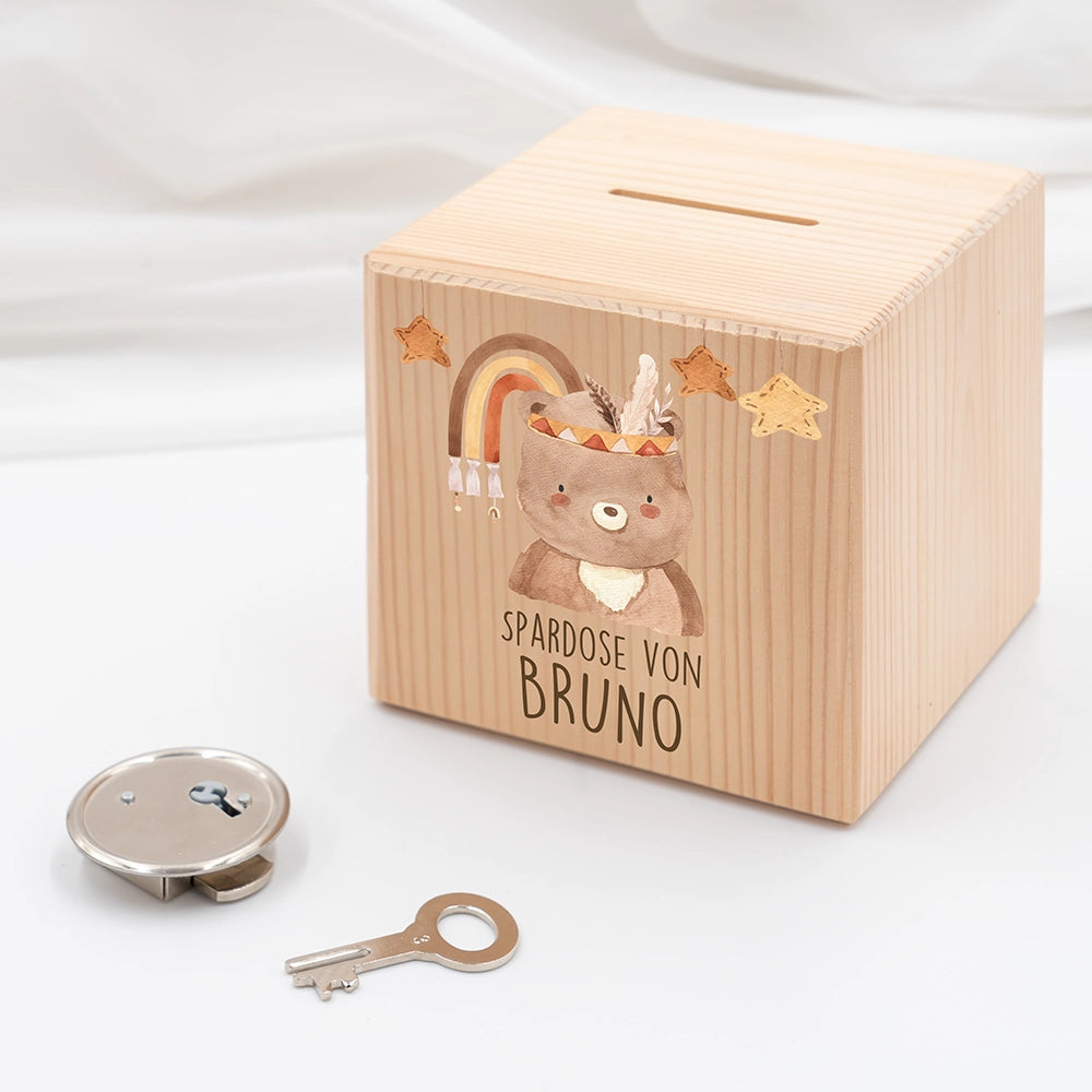 Spardose Kinder, Sparschwein personalisiert bunt - Boho Bär