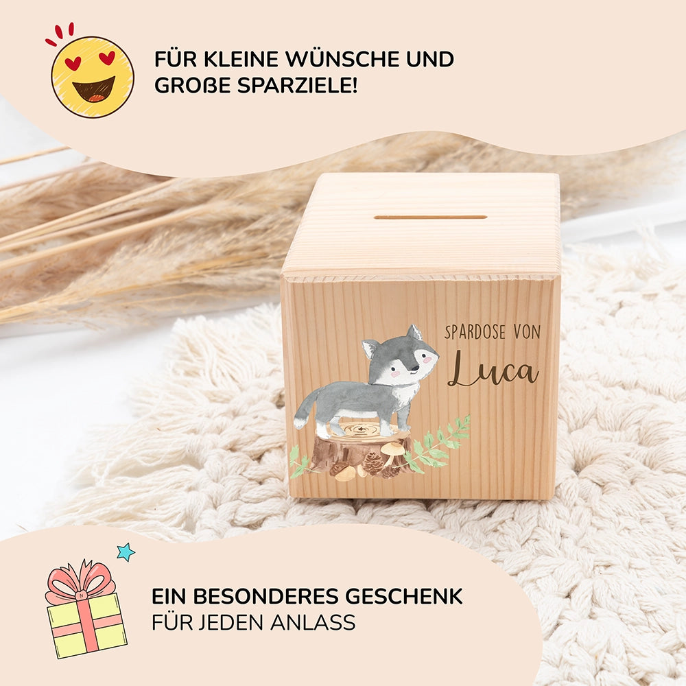 Spardose Kinder, Sparschwein personalisiert bunt - Waschbär Waldtiere