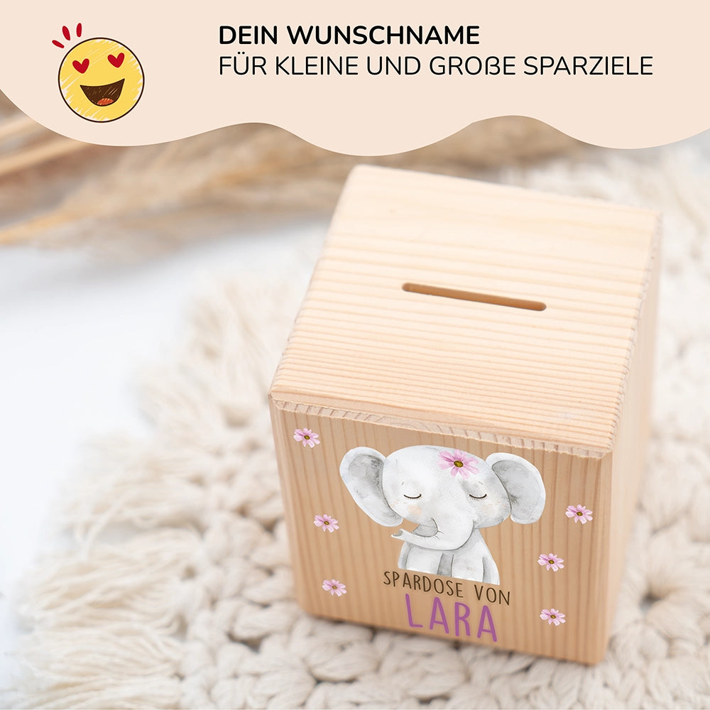 Spardose Kinder, Sparschwein personalisiert bunt - Elefant mit Blumen