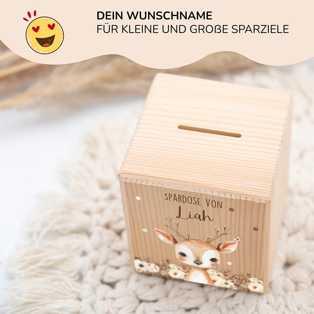 Spardose Kinder, Sparschwein personalisiert bunt - Bay Reh