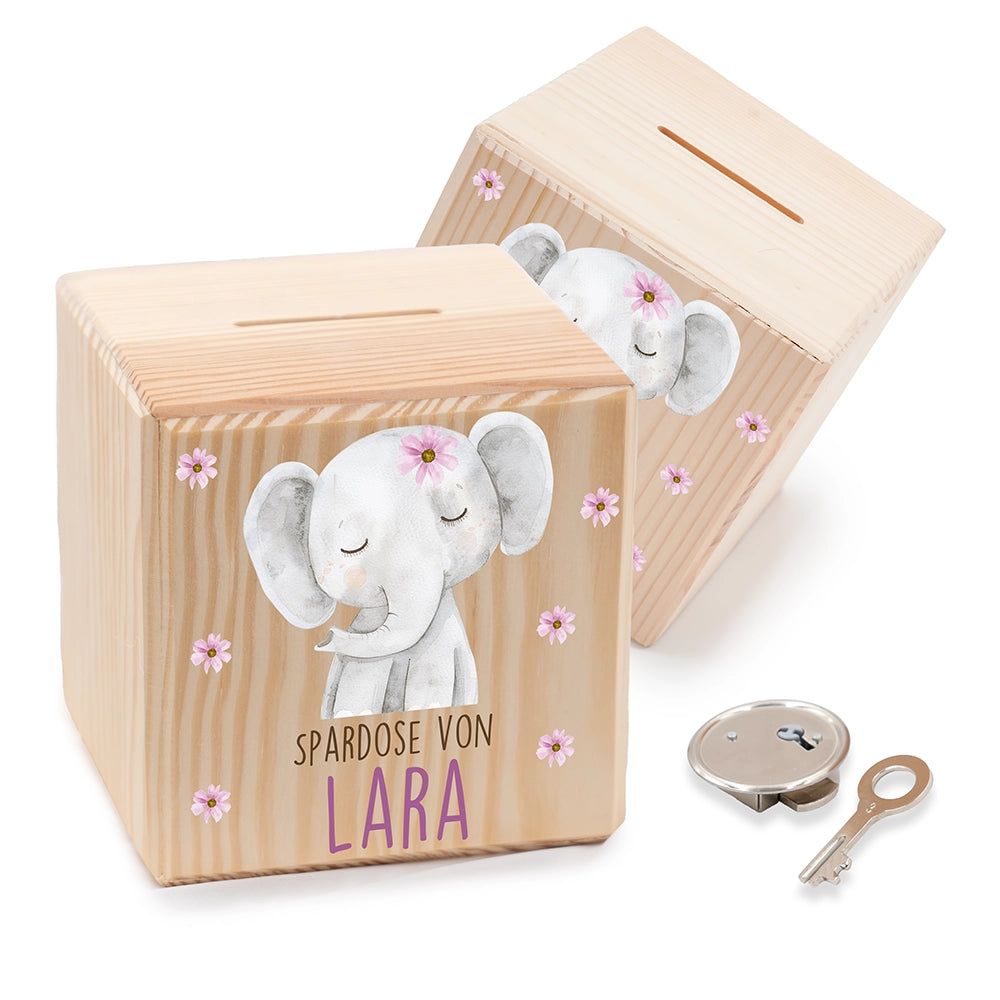 Spardose Kinder, Sparschwein personalisiert bunt - Elefant mit Blumen