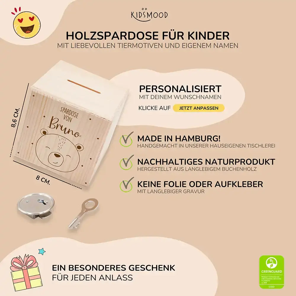Spardose Kinder, Sparschwein personalisiert - Süßer Bär mit Punkten