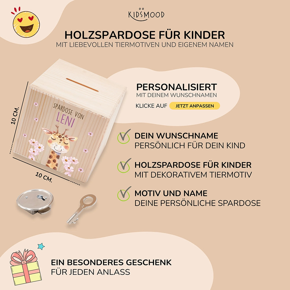 Spardose Kinder, Sparschwein personalisiert bunt - Giraffe mit Blume