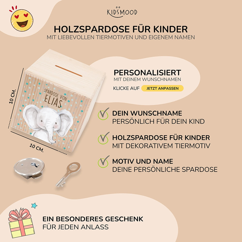 Spardose Kinder, Sparschwein personalisiert bunt - Elefant mit Pünktchen