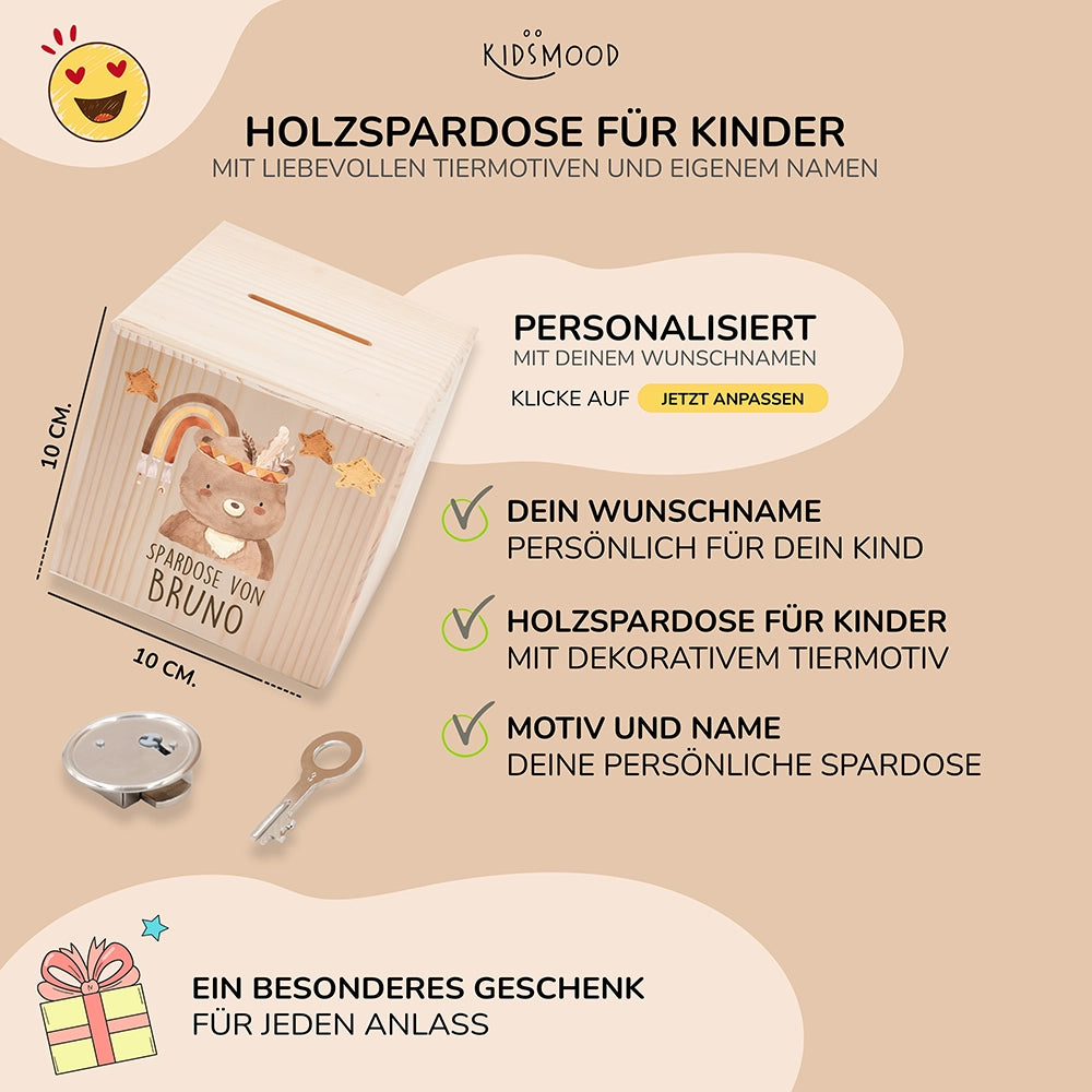 Spardose Kinder, Sparschwein personalisiert bunt - Boho Bär