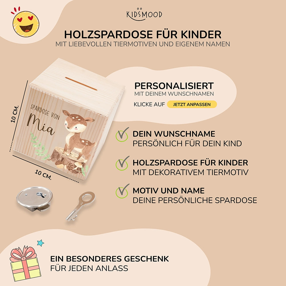 Spardose Kinder, Sparschwein personalisiert bunt - Reh Waldtiere