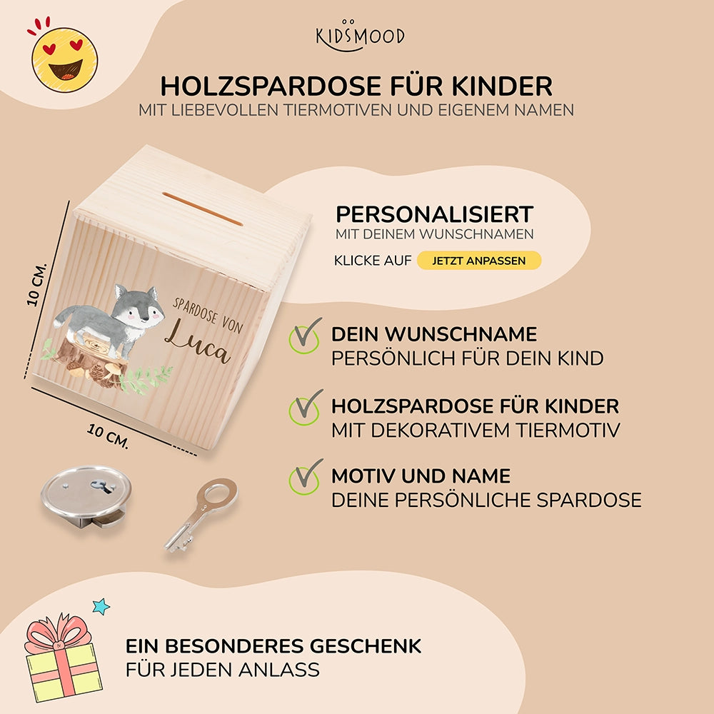 Spardose Kinder, Sparschwein personalisiert bunt - Waschbär Waldtiere