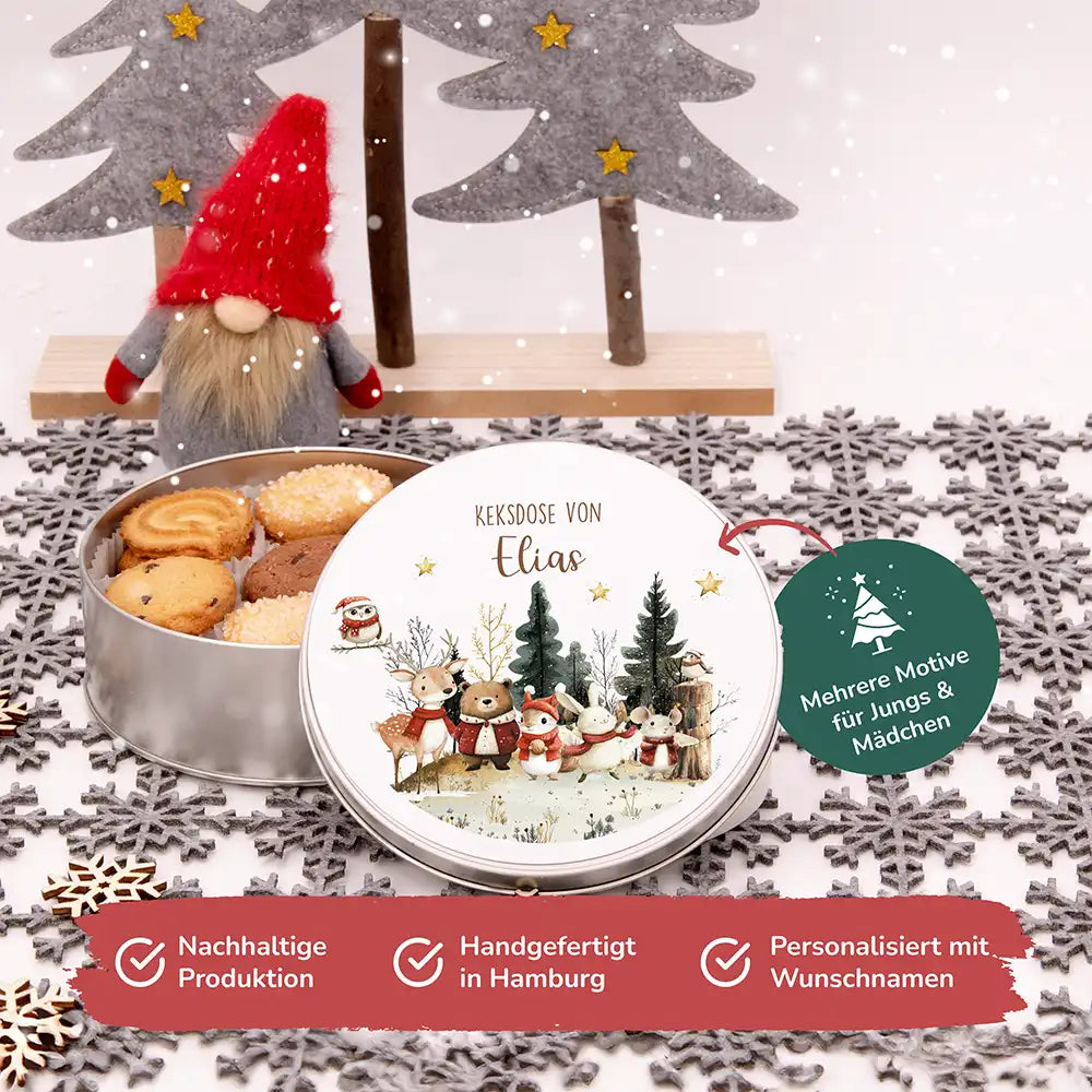 Keksdose aus Metall personalisiert - Weihnachtsfreunde im Schnee