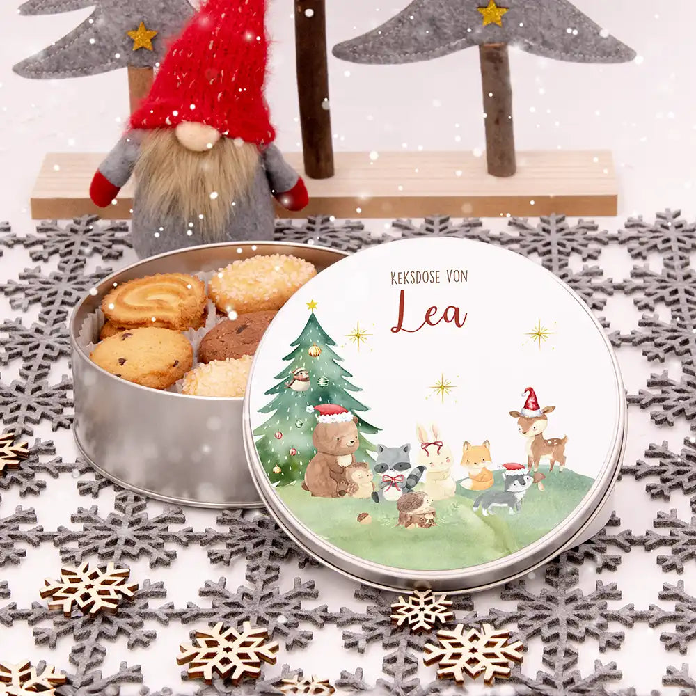Keksdose aus Metall personalisiert - Kleine Waldbewohner im Weihnachtsglanz