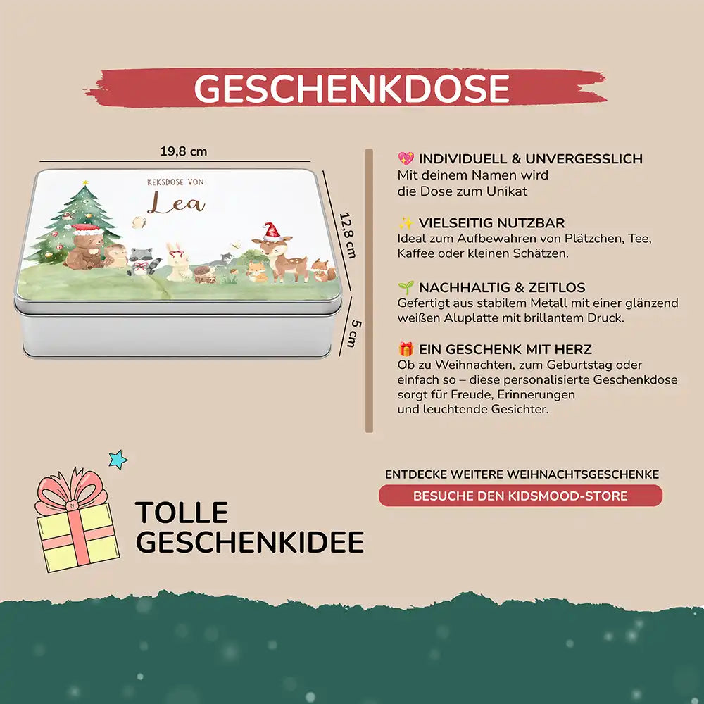 Keksdose aus Metall personalisiert - Kleine Waldbewohner im Weihnachtsglanz