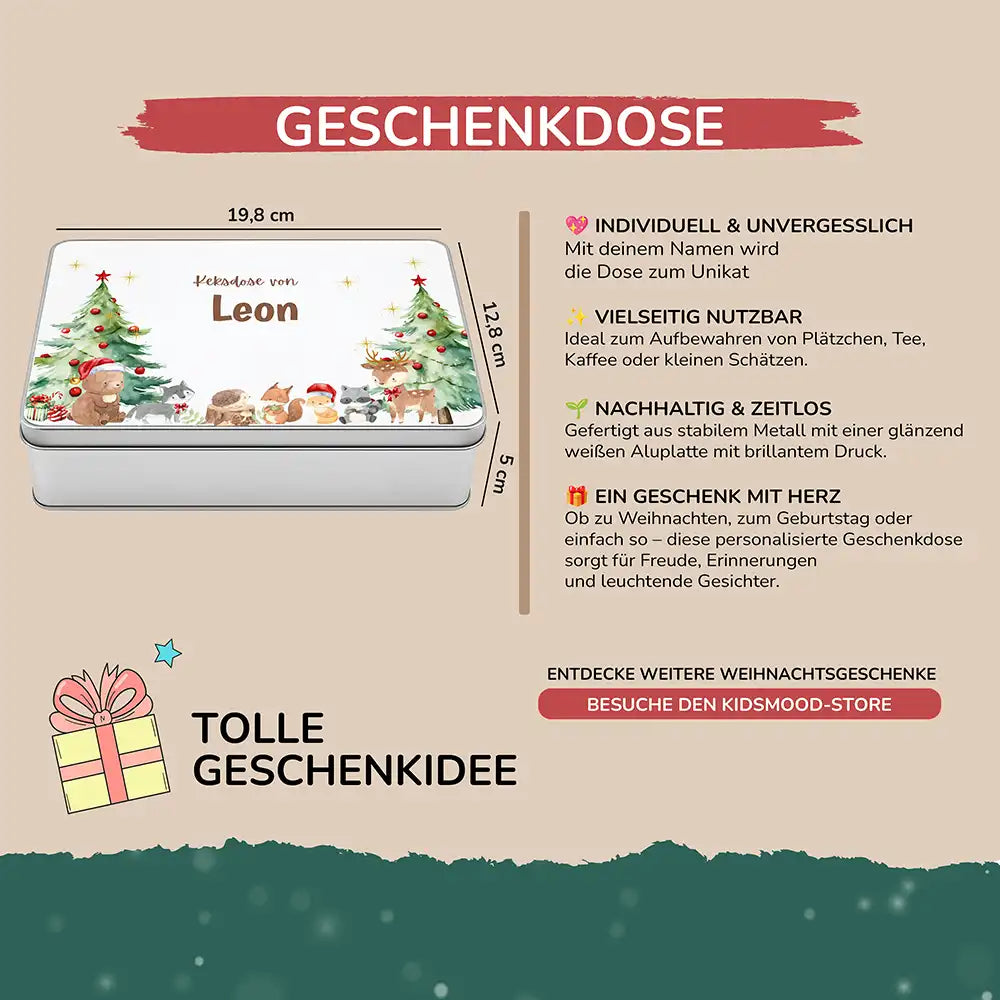 Keksdose aus Metall personalisiert - Weihnachtliche Waldtiere