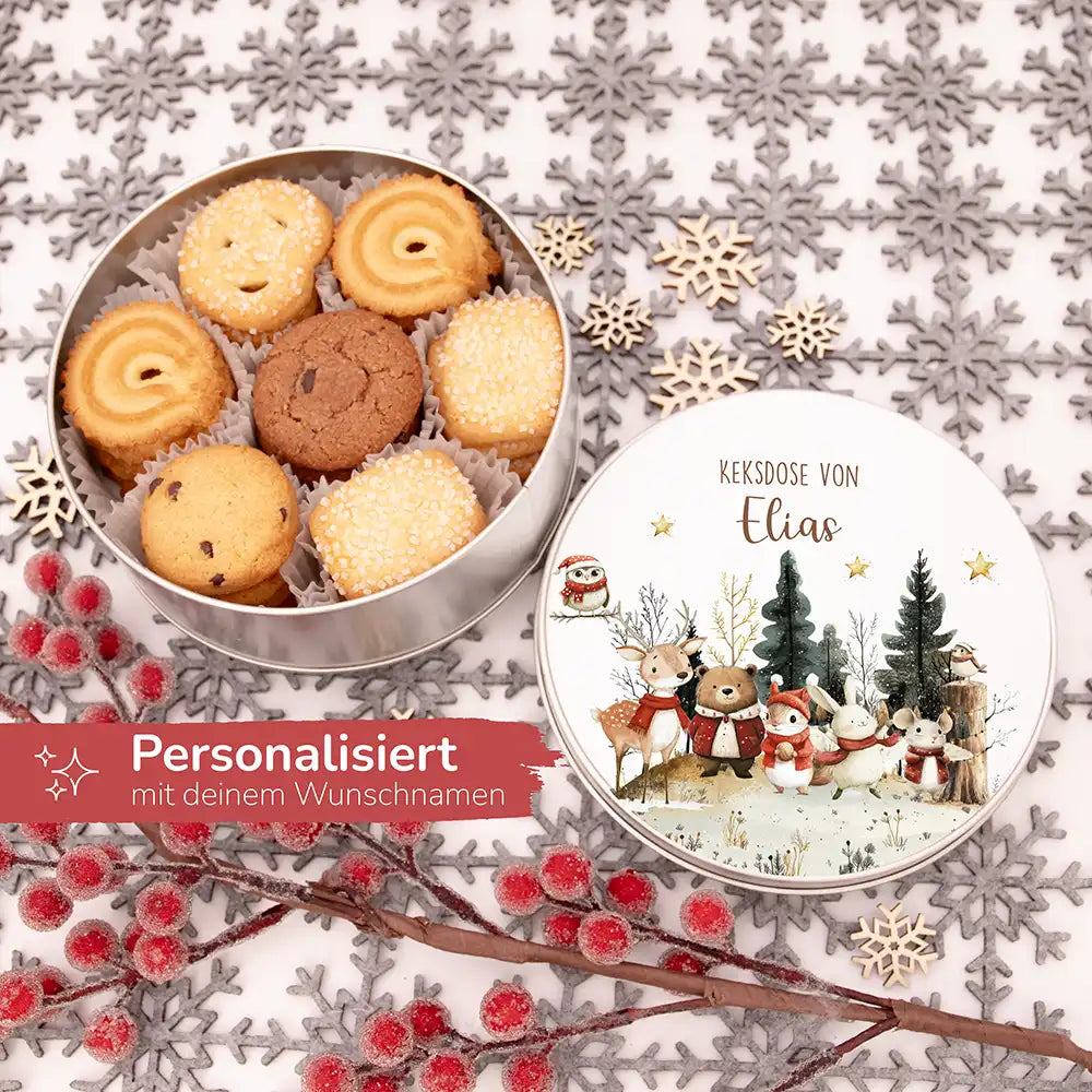 Keksdose aus Metall personalisiert - Weihnachtsfreunde im Schnee