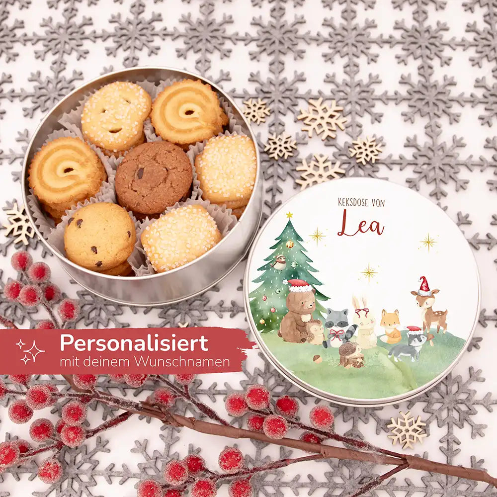 Keksdose aus Metall personalisiert - Kleine Waldbewohner im Weihnachtsglanz