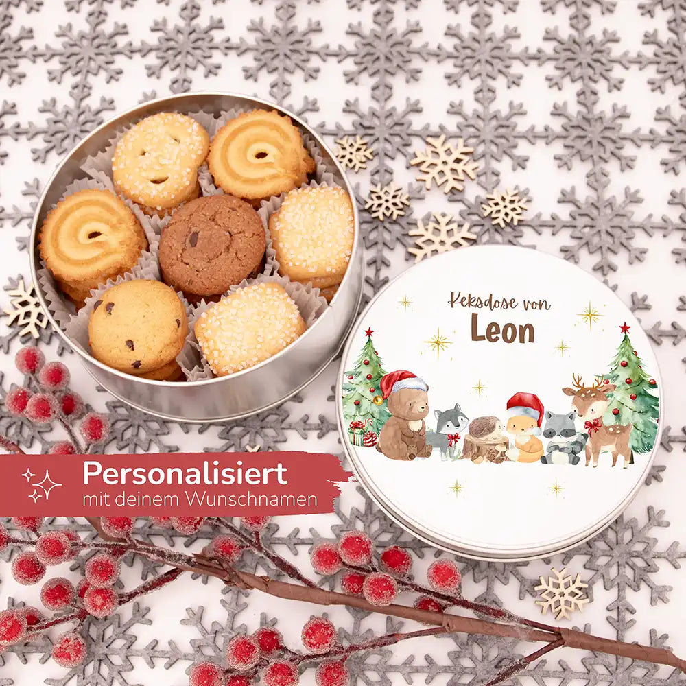 Keksdose aus Metall personalisiert - Weihnachtliche Waldtiere