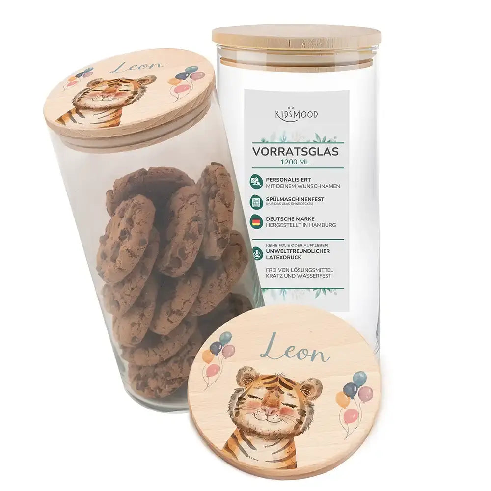 Vorratsglas mit Tierdesign - Kinderzimmer Aufbewahrung mit Namen - 1200ml groß Tiger