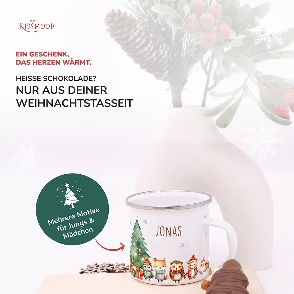 Emaille Tasse personalisiert Weihnachten - Wintertiere