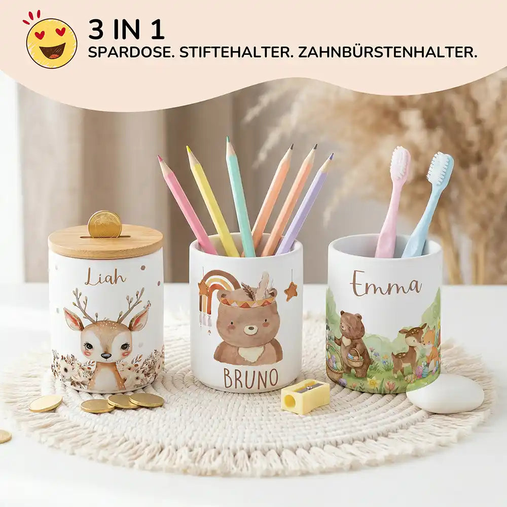 Personalisierte Spardose Boho-Bär – Keramik & Bambus mit Wunschname