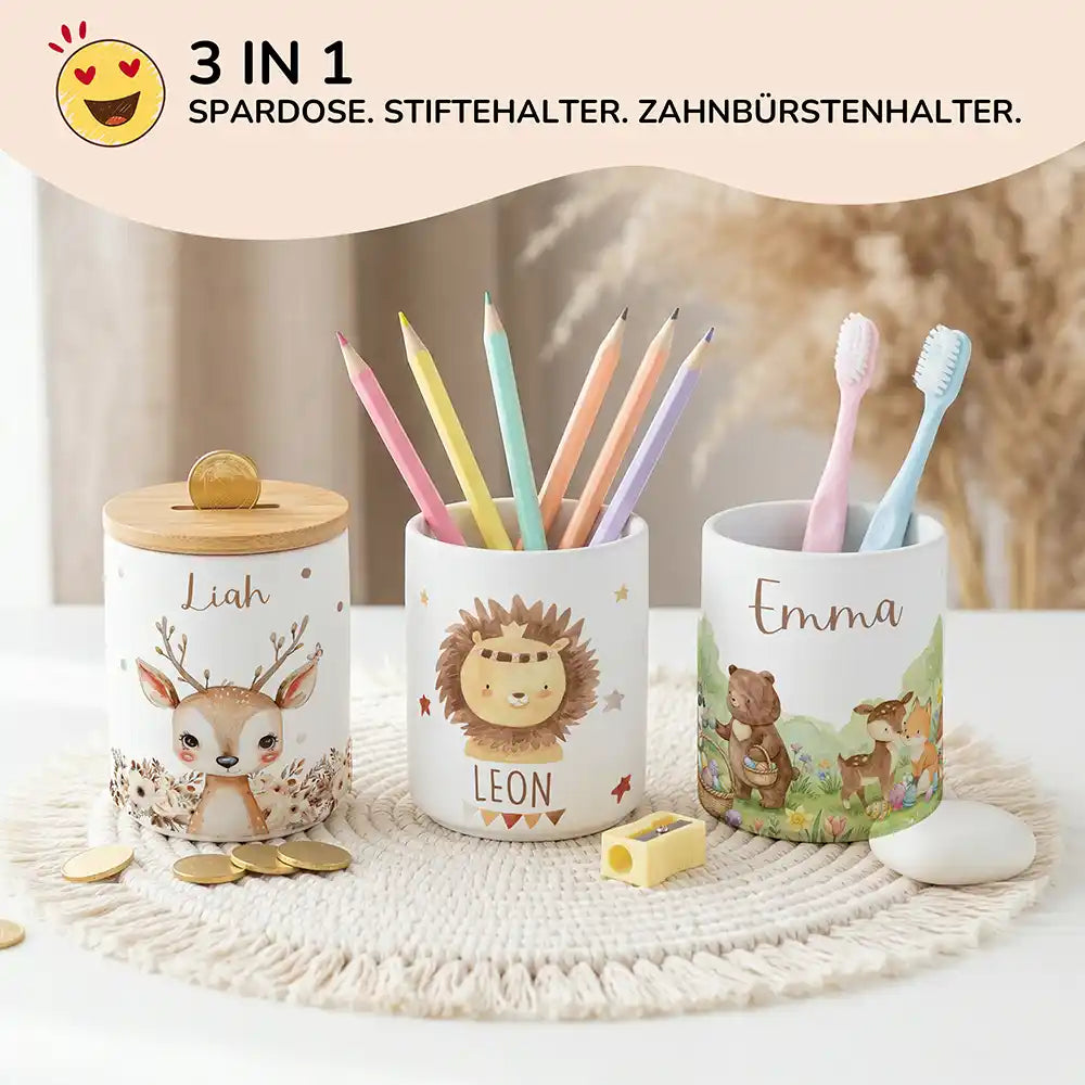 Personalisierte Spardose Löwe Boho – Keramik & Bambus mit Wunschname
