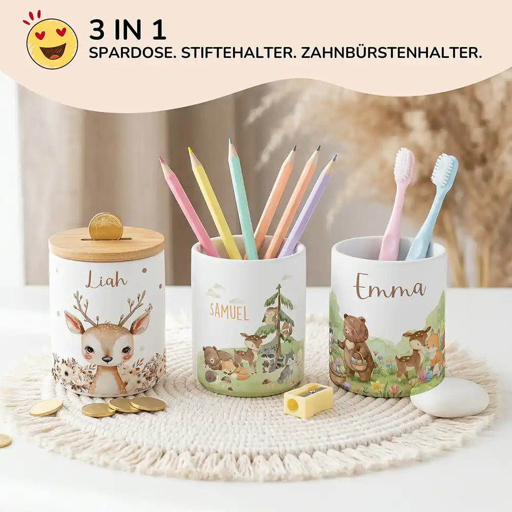 Personalisierte Spardose Waldszene V – Keramik & Bambus mit Wunschname