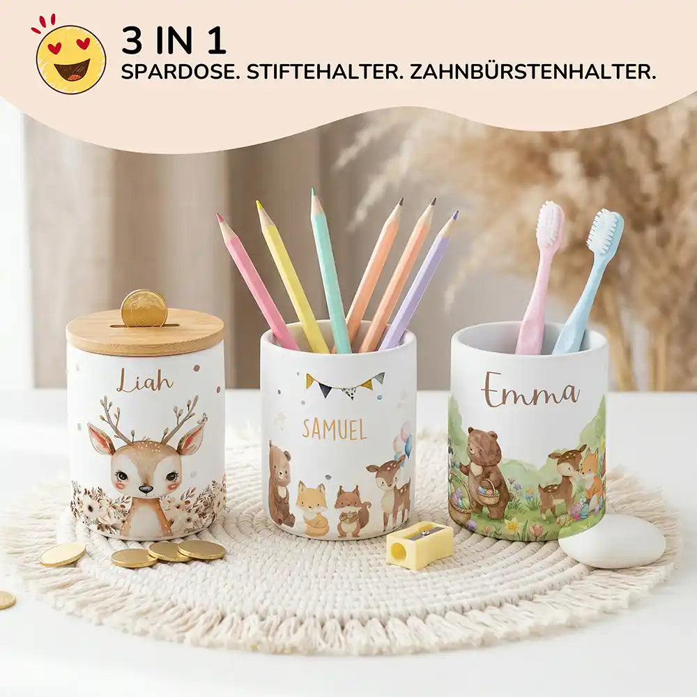 Personalisierte Spardose Waldtiere Party – Keramik & Bambus mit Wunschname