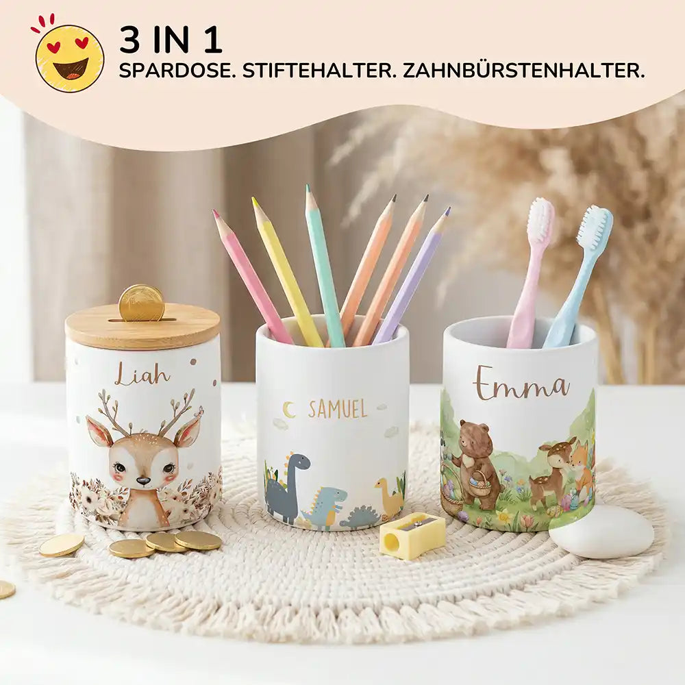 Personalisierte Spardose Dinosaurier Mond – Keramik & Bambus mit Wunschname