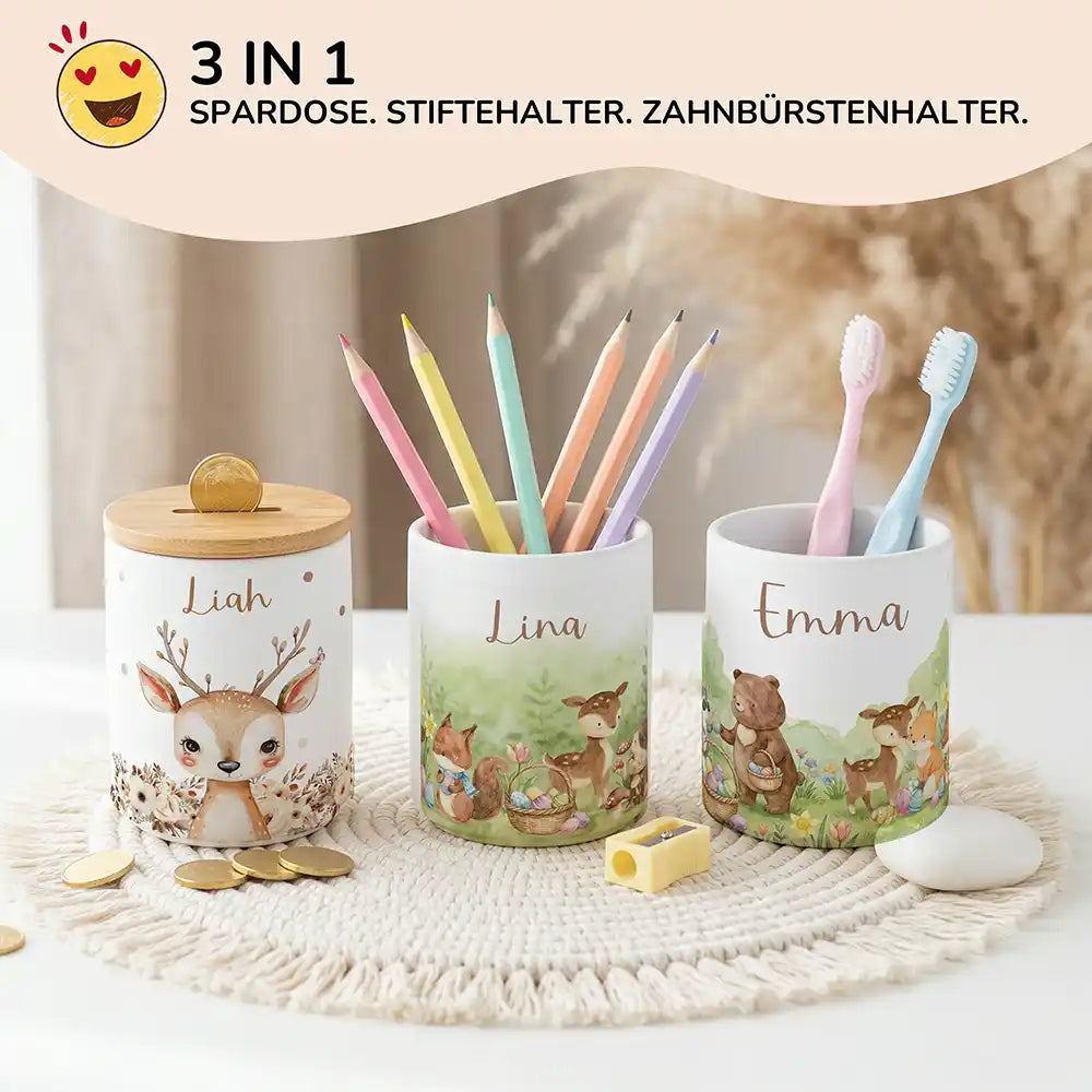 Personalisierte Spardose Ostern Reh & Fuchs – Keramik & Bambus mit Wunschname