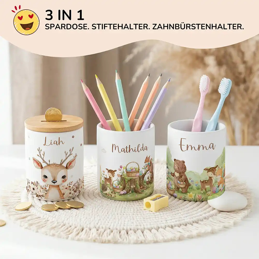 Personalisierte Spardose Ostern Rehkitz – Keramik & Bambus mit Wunschname