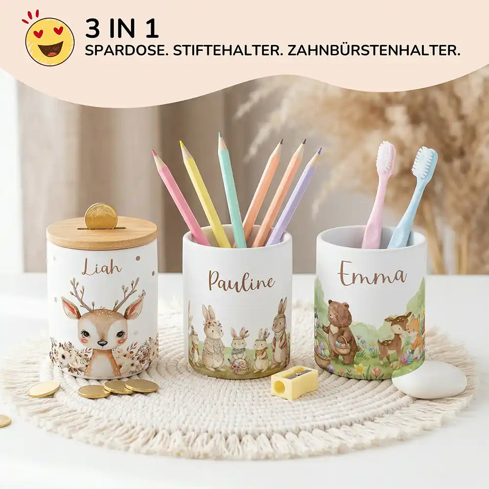 Personalisierte Spardose Boho-Hasen – Keramik & Bambus mit Wunschname