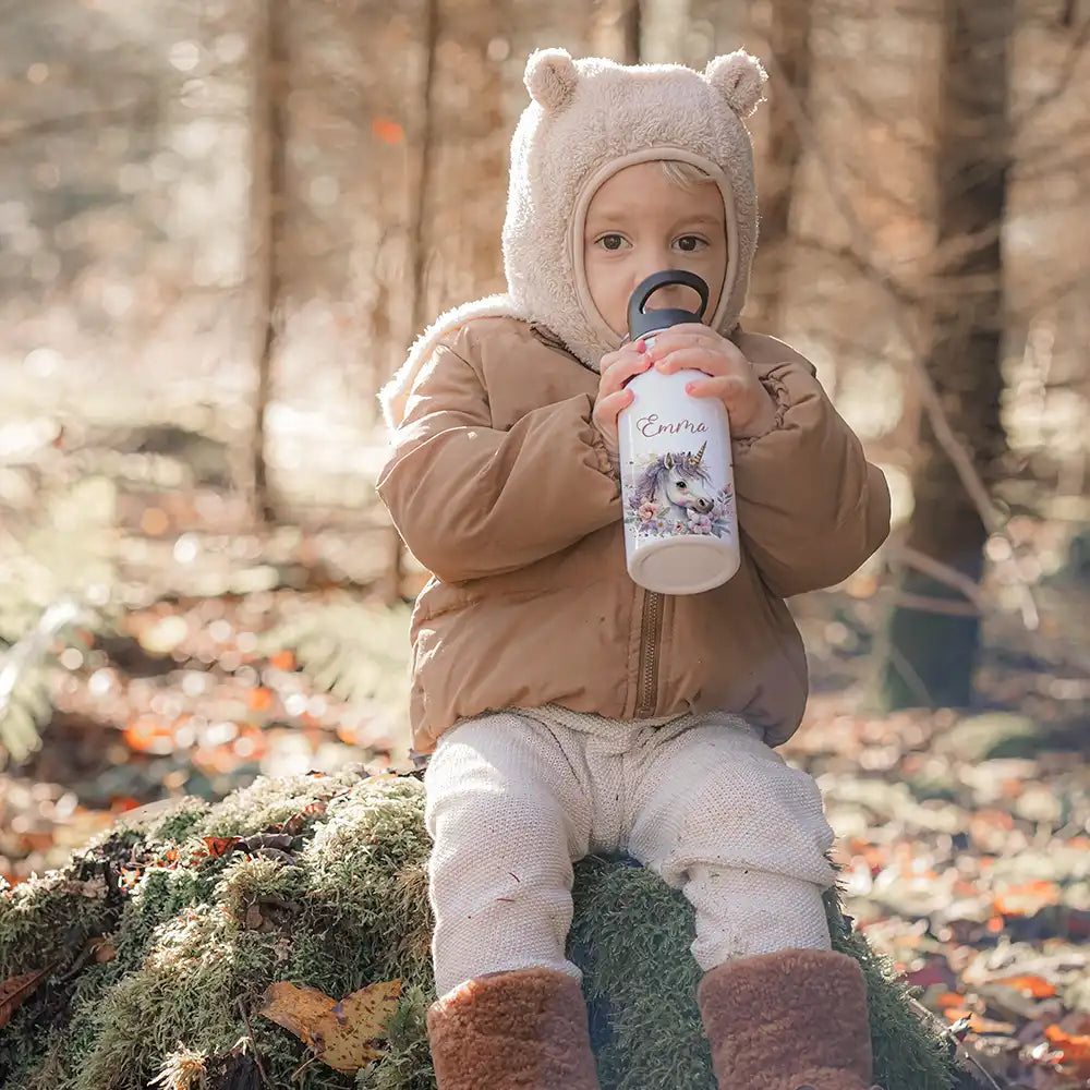 Trinkflasche Kinder Edelstahl - Einhorn mit BlĂĽten