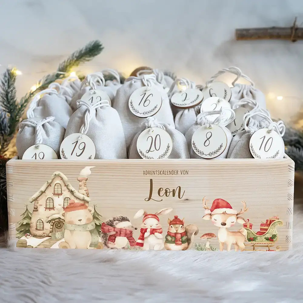 Adventskiste zum befüllen "Winterdorf mit Tieren" personalisiert