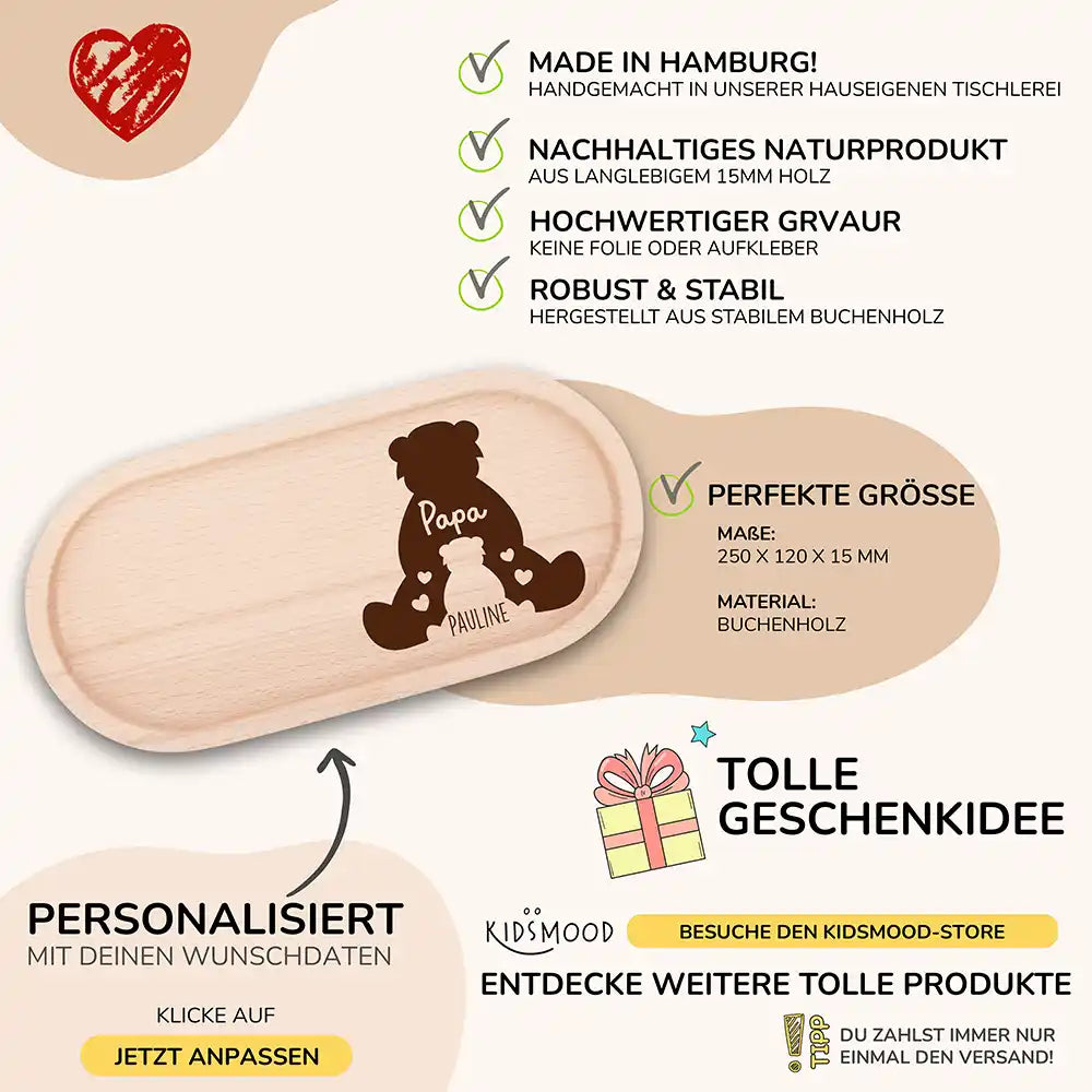 Personalisiertes Holz-Serviertablett "Papa-BĂ€r" - Vatertag Geschenk