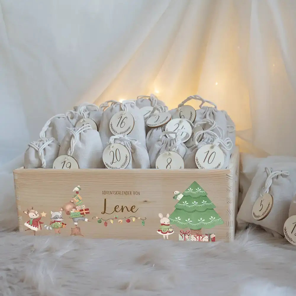 Adventskiste zum befüllen "Tiere und Weihnachtsbaum" personalisiert