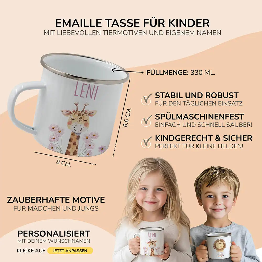 Emaille Tasse personalisiert - Giraffe und Blumen