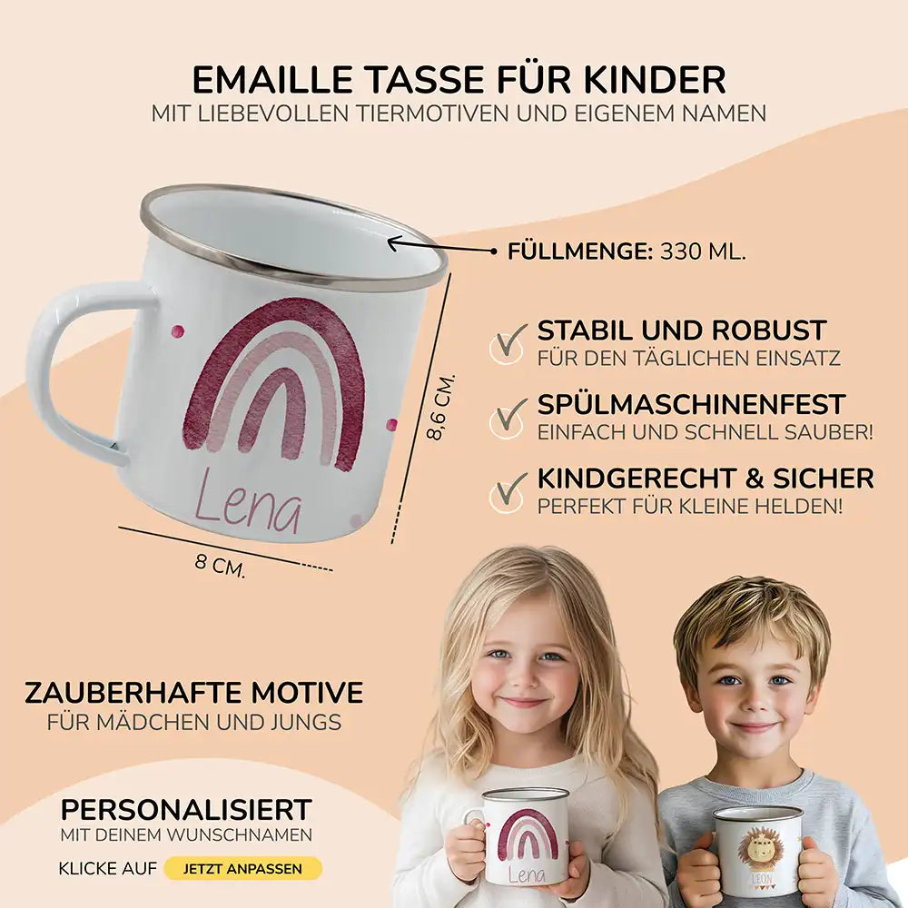 Emaille Tasse personalisiert - Regenbogen mit Punkten