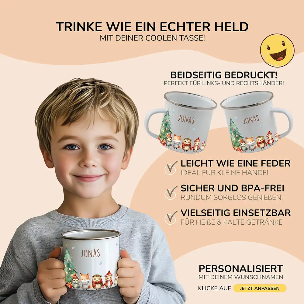 Emaille Tasse personalisiert Weihnachten - Wintertiere