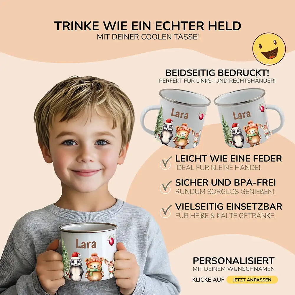 Emaille Tasse personalisiert Weihnachten - Süße Tiere