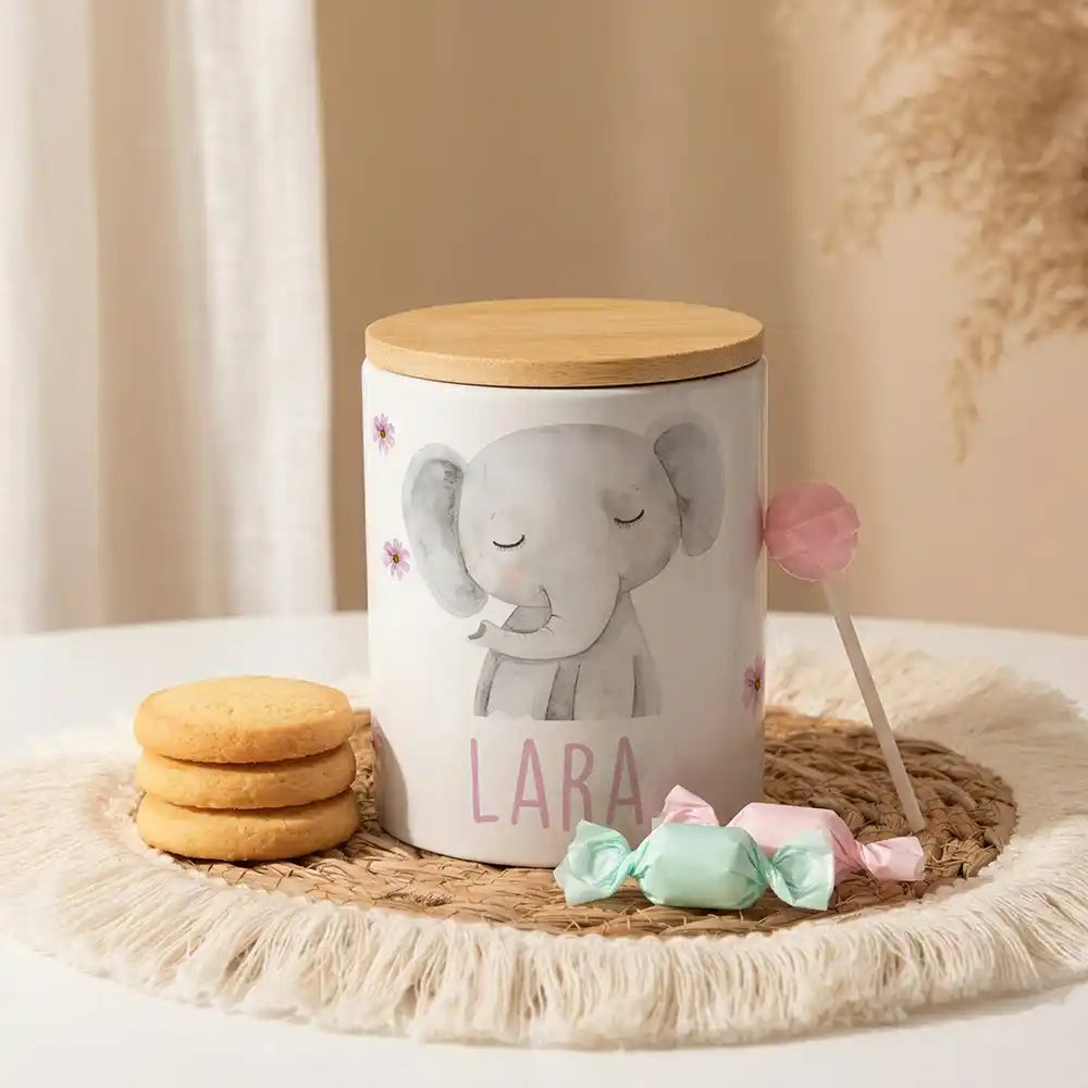 Personalisierte Keksdose Elefant Blumen aus Keramik mit Bambusdeckel - Wunschname - kidsmuod.com