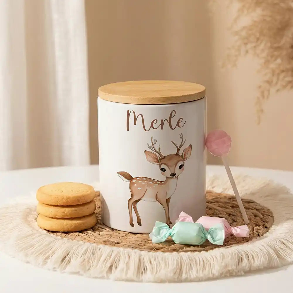 Personalisierte Keksdose Rehkitz Bambi aus Keramik mit Bambusdeckel - Wunschname - kidsmuod.com